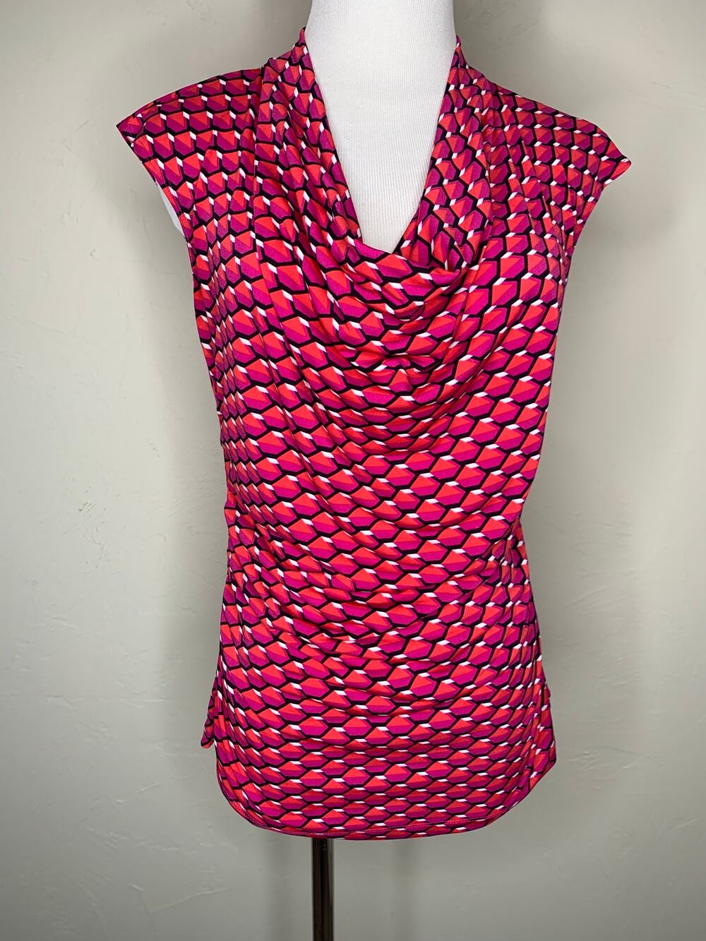 Pink Geometric Draped Neck Blouse Sz Small Y2K Office Siren Career